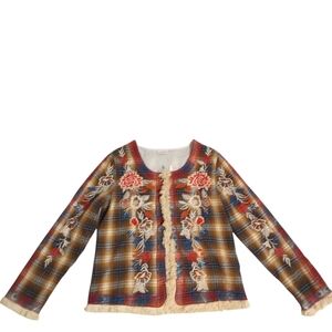 Cienna Brown and Red Embroidered Floral Blazer with Folk-Inspired Design Size S